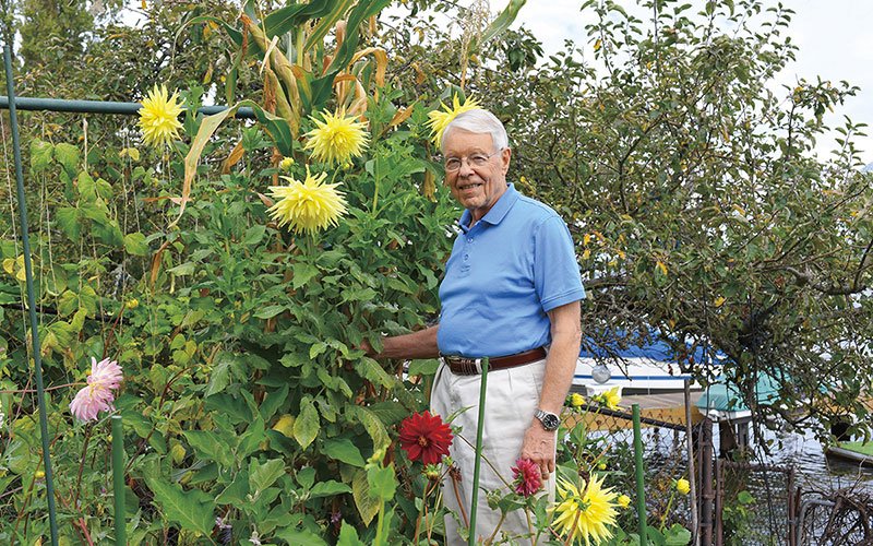 older man stands in garden